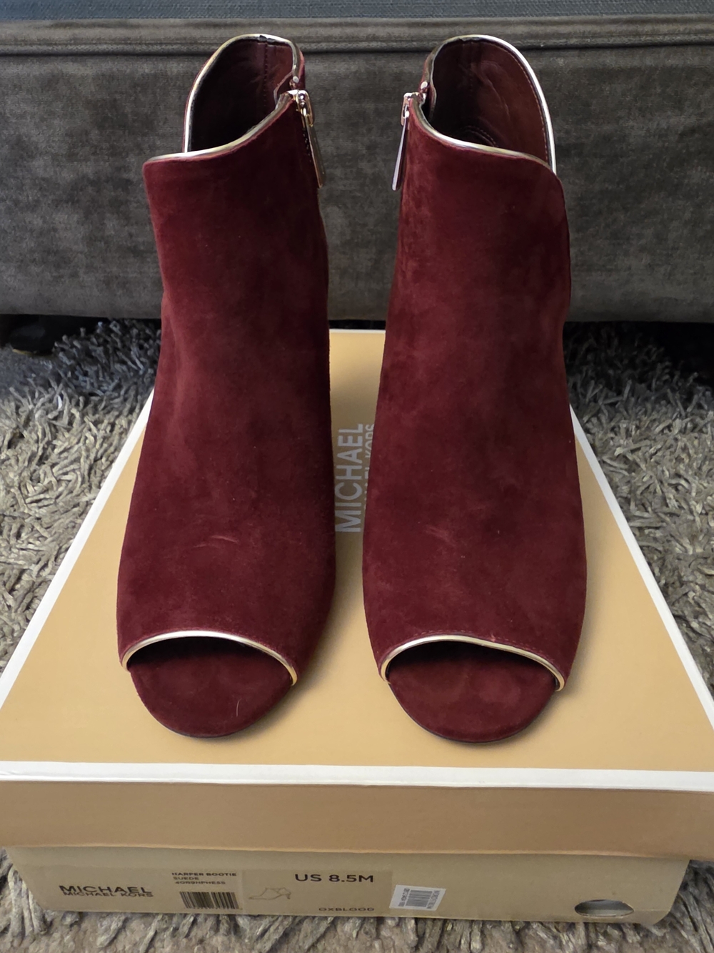 Michael Kors Burgundy Suede Peep-Toe Ankle Booties with Metallic Trim